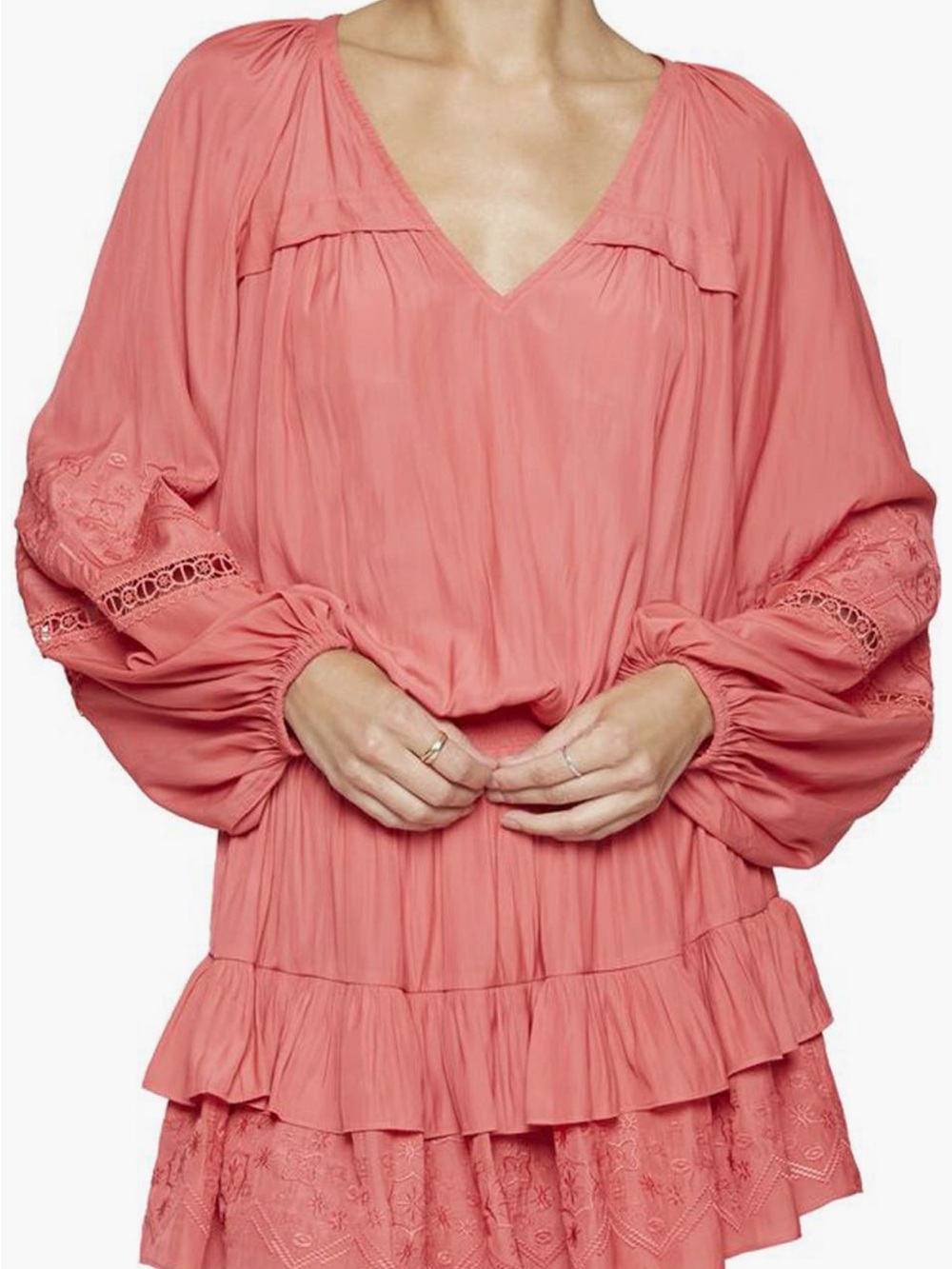 Ramy Brook Coral V-Neck Peasant Tunic with Lace Sleeves